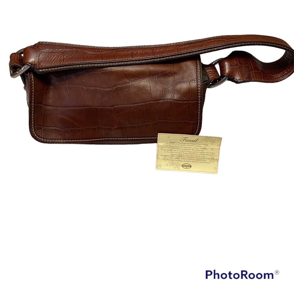 Fossil Dark Brown Croc-Embossed Shoulder Bag